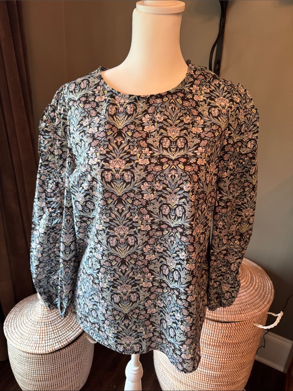 J. Crew Black Floral Round-Neck Long-Sleeve Blouse